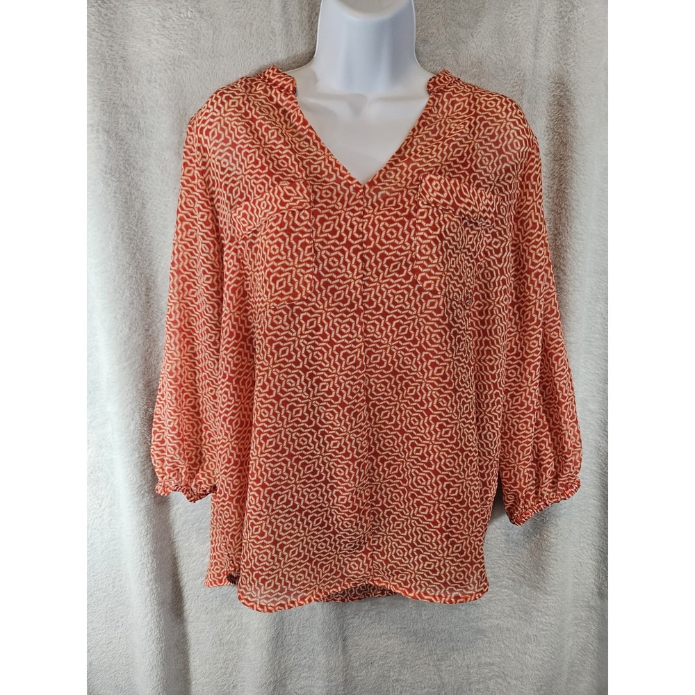 Liz Claiborne XL Womens 1X Sheer Blouse & Tank Top Orange White Geometric Print